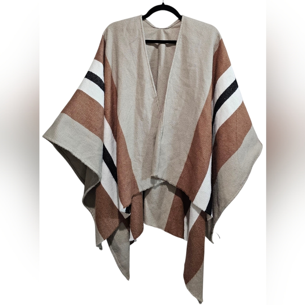 Dynamite Women Sweater Poncho Striped Tan and Brown Cozy Blanket Warmth One Size